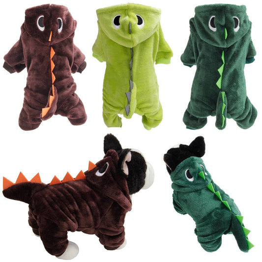 Funny Dinosaur Dog Costume – Cozy Coral Fleece Four-Legged Suit - CJJJCWGD00854-Emerald green-L - Furrkins