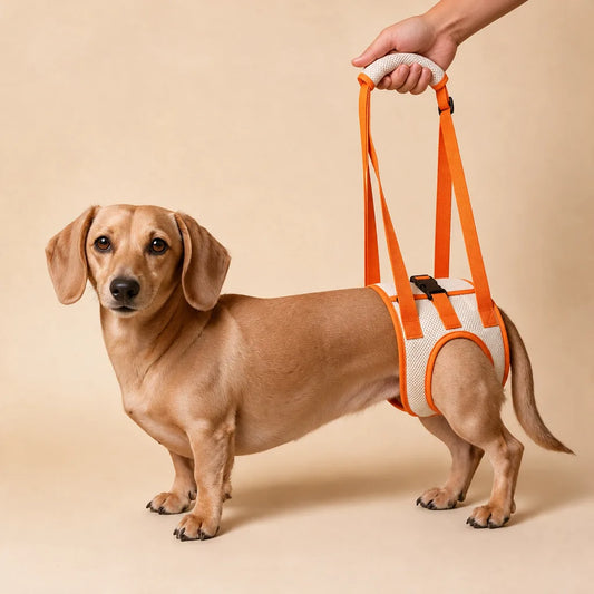 Red Dachshund wearing an orange and cream hind-leg support sling while a hand holds the padded handle.